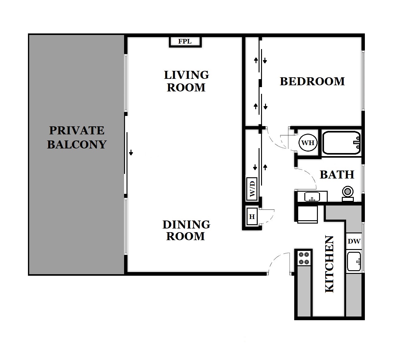 Floor plan for 1 bed, 1 bath, 780 sqft